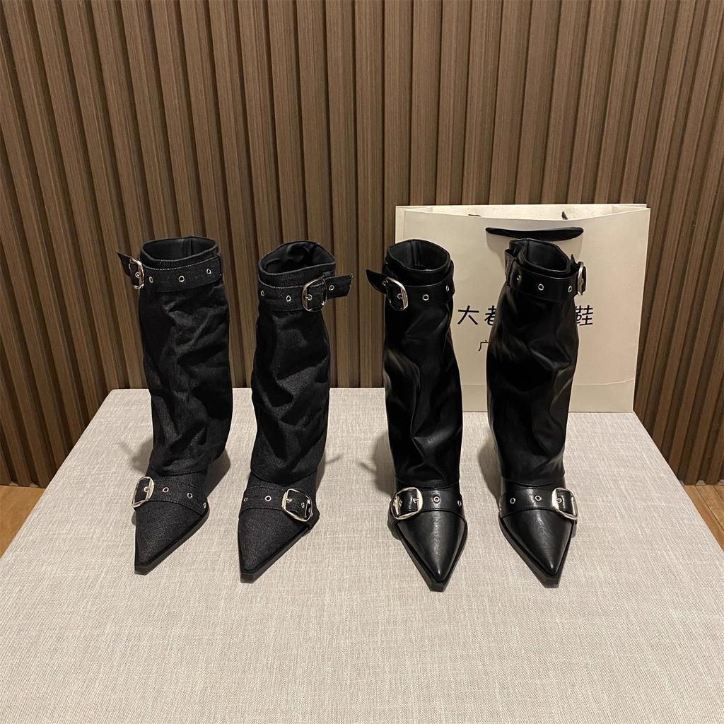 French Retro Pointed Belt Buckle Thin Heel Medium Boots Women's 2025 Autumn and Winter New Temperament Versatile High Heel Trouser Boots