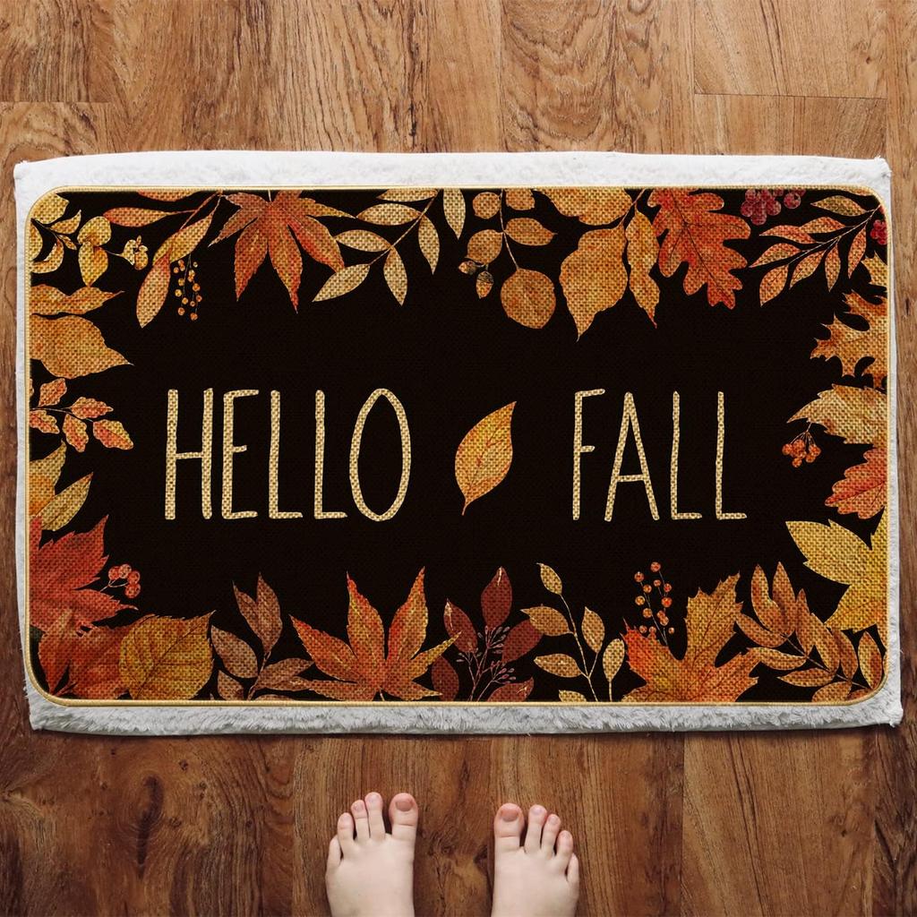 Hello Fall Maple Leaves Welcome Entrance Door Mat Autumn Harvest Rug Bathroom Laundry Non-slip Floor Mat Thanksiving Decorations