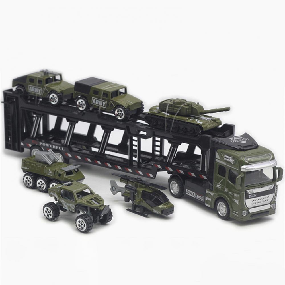 1/48 Maßstab 1 Set Transportermodell mit 6 Mini-Panzern Modell Druckgusslegierung Abnehmbares Pullback-Spielzeug Armeegrün Simulation Militär