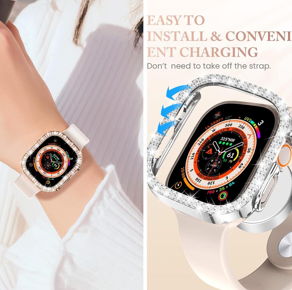 Diamond Cover For Apple Watch Case Ultra/Ultra 2 49mm Accessories Protector Diamond Hard PC Bumper Frame iWatch Protective Cases
