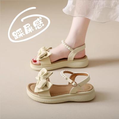 Small Fragrant Style Bow Platform Sandals Female Summer Wear Retro Fairy Style with Skirt Small Height Increase Roman Shoes