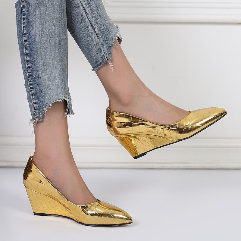 Spring Summer Wedges Heels Women Party Shoes Fashion Pointed toe Office Ladies Pumps Plus Size 42 Gold Silver Black