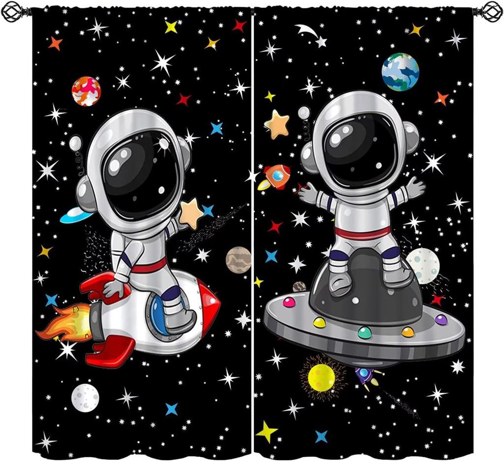 Cartoon Space Universe Curtains,Solar System Planet Rocket Spacecraft Print Decor Rod Pocket Window Treatments For Kids Girls