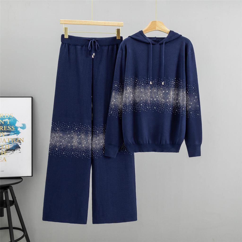 "Full Sky Star Heavy Industry Hot Diamond Fashionable Hooded Knitted Set for Women's Autumn New Two-piece Sporty and Casual Set.