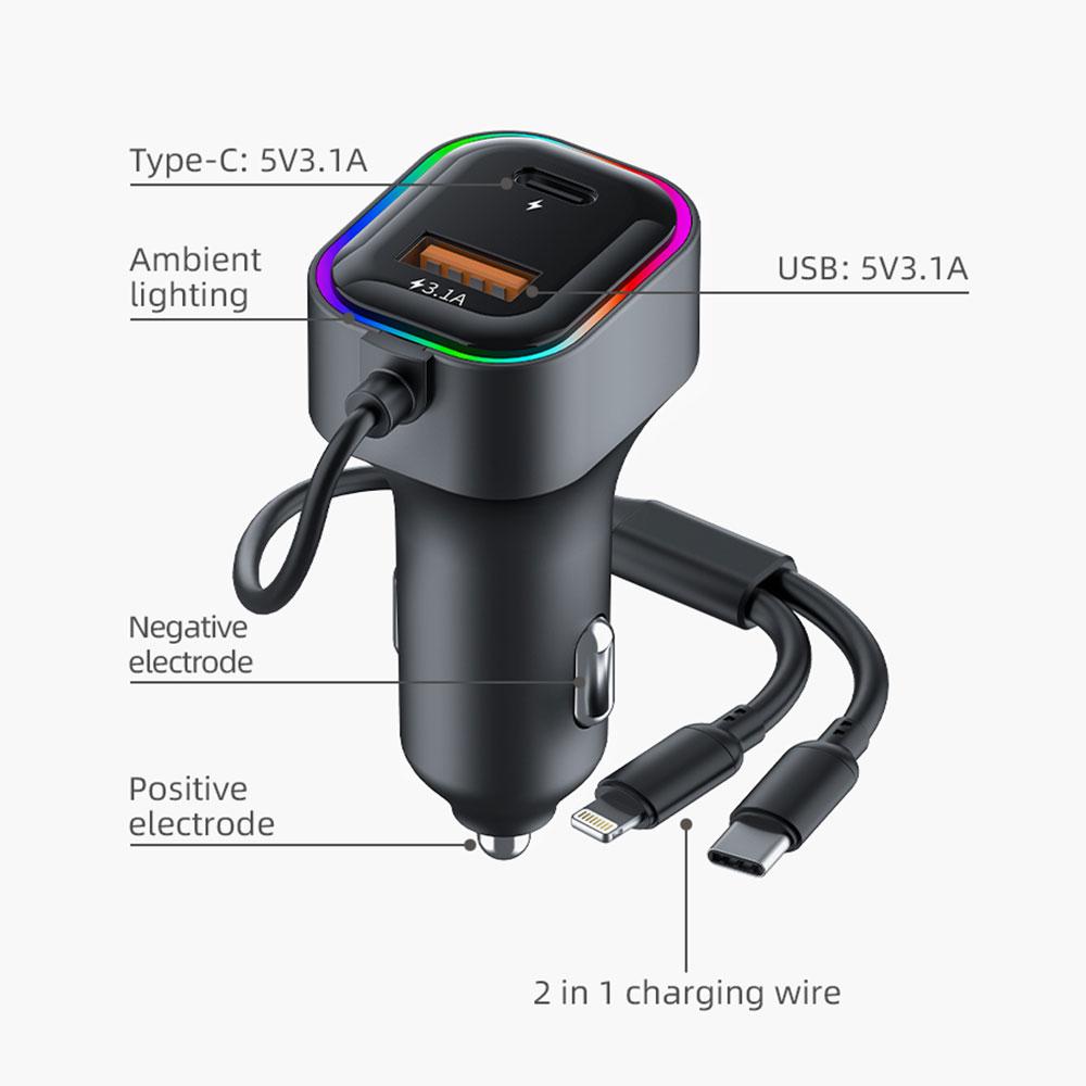 45W USB Car Charger With 2 In 1 Type-C Lightning Fast Charging Cable Vehicle Adapter For iPhone Samsung Huawei VIVO OPPO