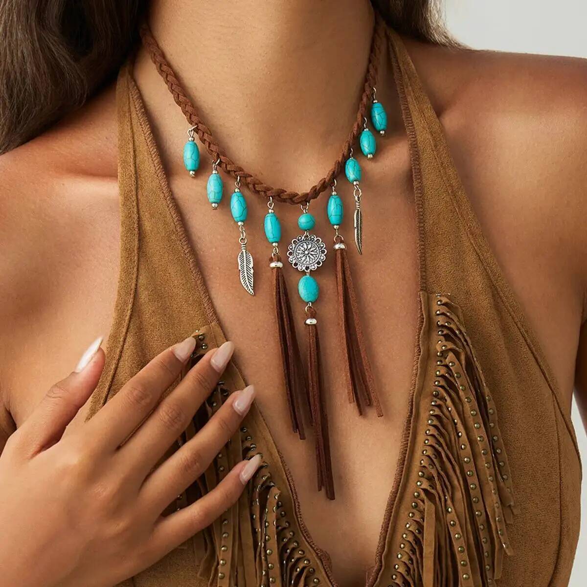IngeSight.Z Vintage Ethnic Feather Tassel Choker Necklace Women Boho Woven Rope Stone Pendant Clavicle Chain Party Jewelry Gift
