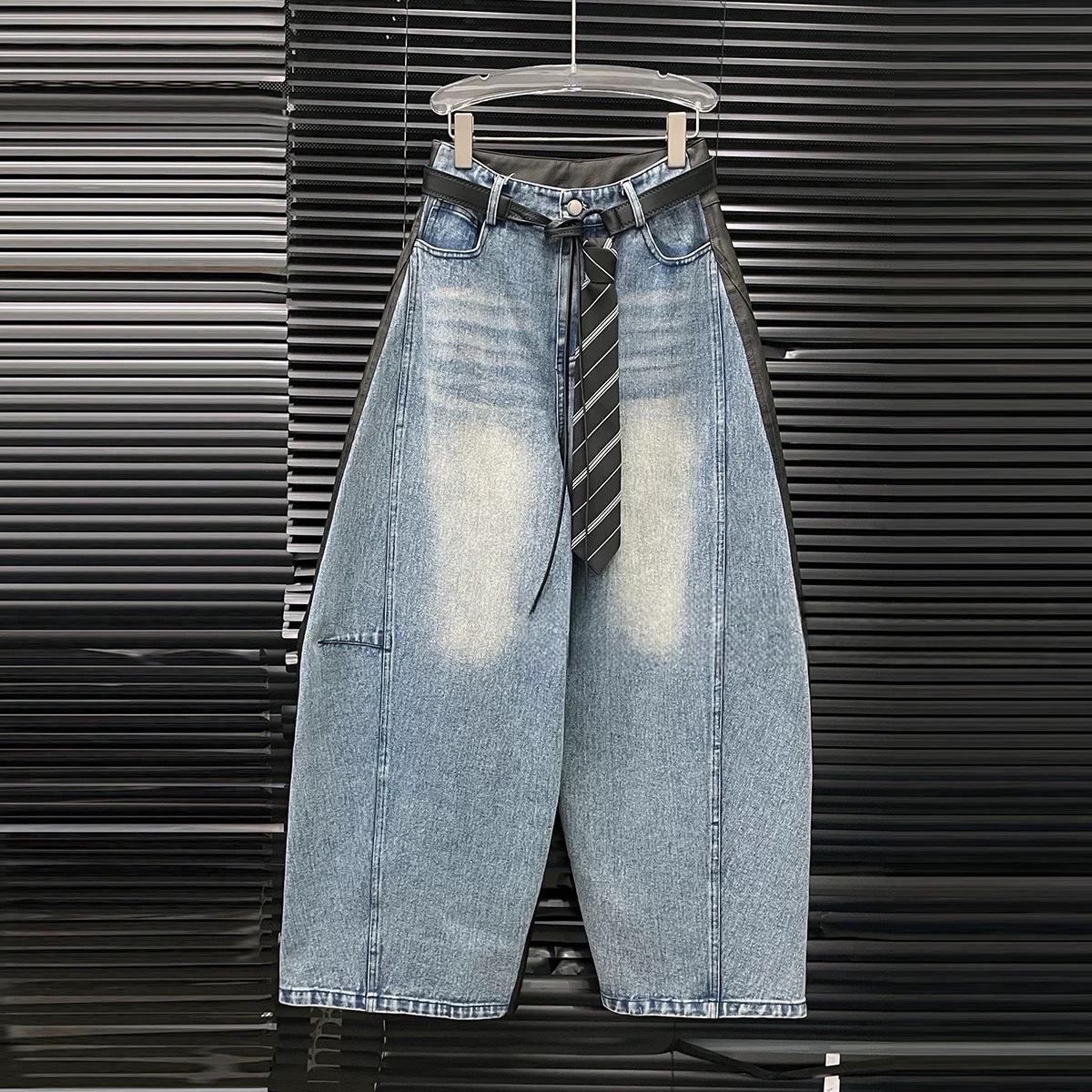 

Spring 2026 Women s Patchwork PU Leather & Denim Pants with Belt Decor - Versatile Casual Women s Long Pants Small світло-синій колір