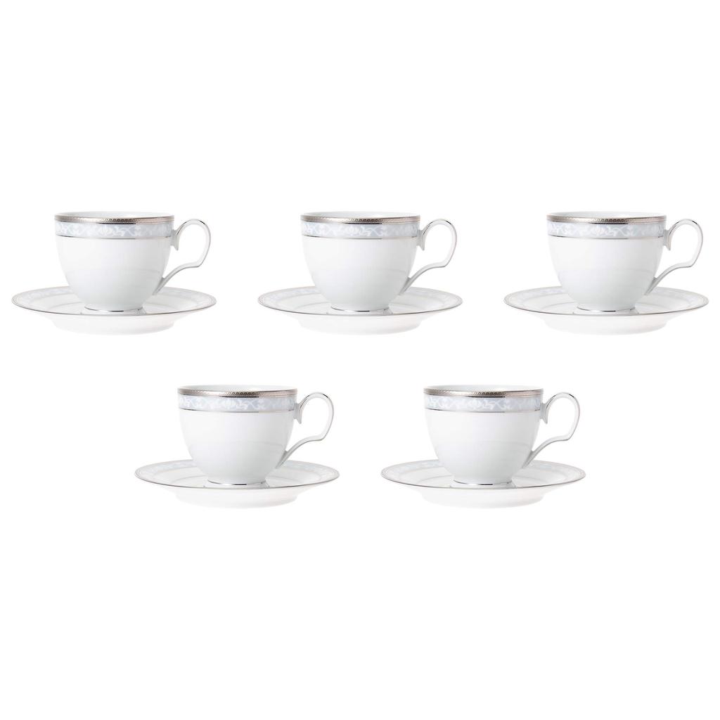 Noritake Cup & Saucer Set (Coffee & Tea), 250cc, Hampshire Platinum, 5-piece set, Fine Porcelain, F91988/4336