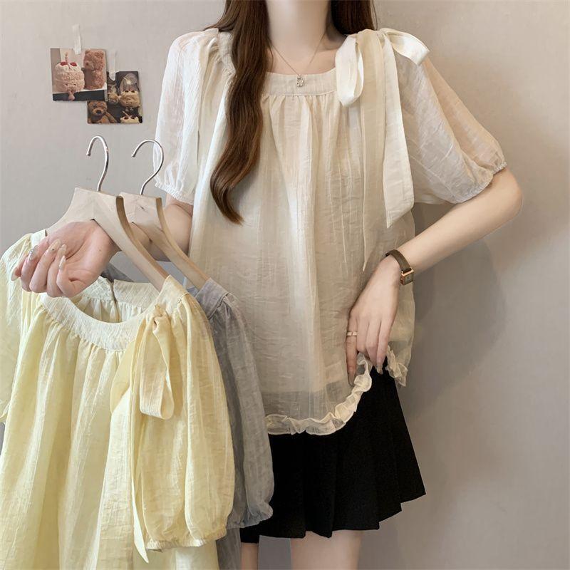 Summer Womens Fashion Solid Color Lace Short Sleeve Shirt with Tie Design Casual Top
