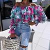 New Spring Off-the-shoulder Floral Printed Layer Ruffled Women Blouse Sexy Long Sleeve One-word Collar Shirt Sweet Loose Casual Tops Clothing