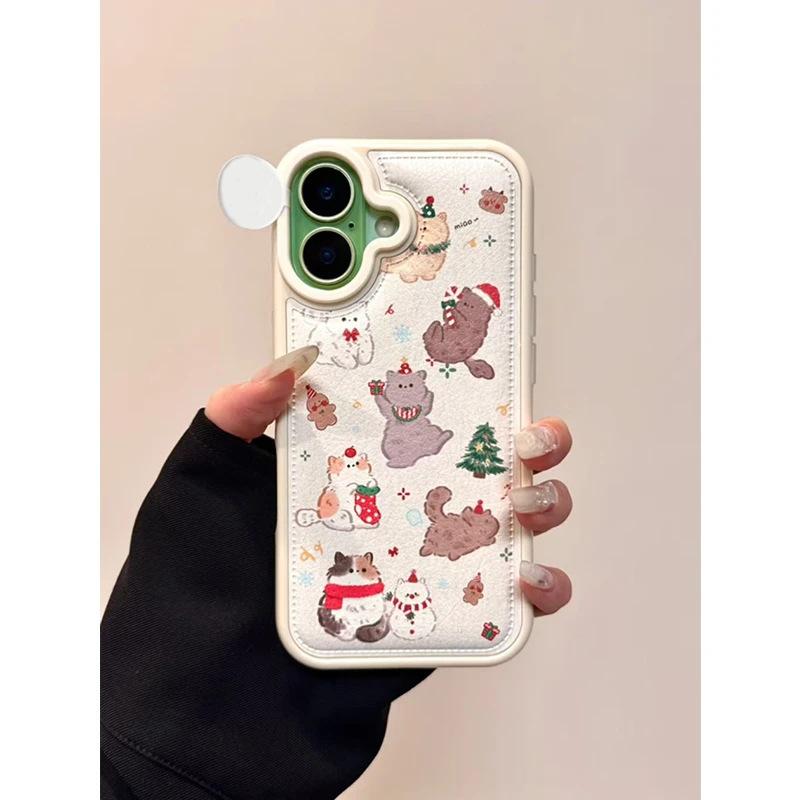 Cute Christmas Kitten Applies To Apple 16/17promax Mobile Phone Case IP15/14plus Bulging Bag Leather Pattern 13 Soft
