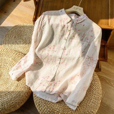 Modisches Oberteil im chinesischen Stil aus Baumwolle und Leinen, bedrucktes Hemd, Retro, lange Ärmel, floral, Temperament, vielseitige Strickjacke
