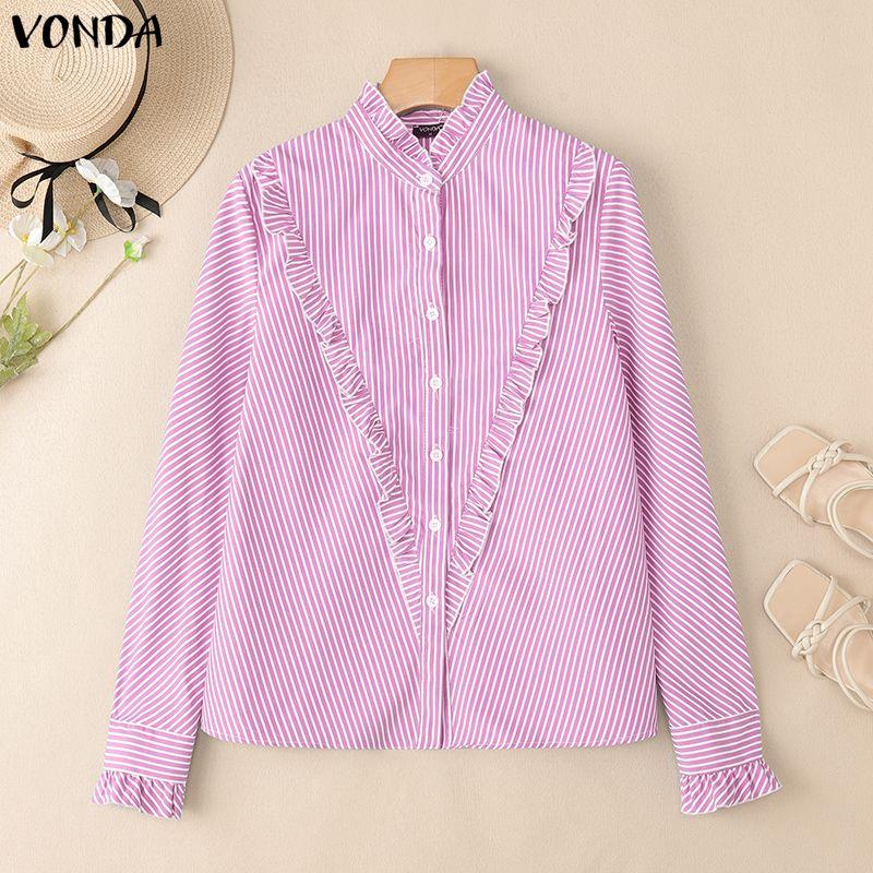 VONDA Womens Casual Stand Neck Ruffled Hem Striped Print Loose Long Sleeve Blouse