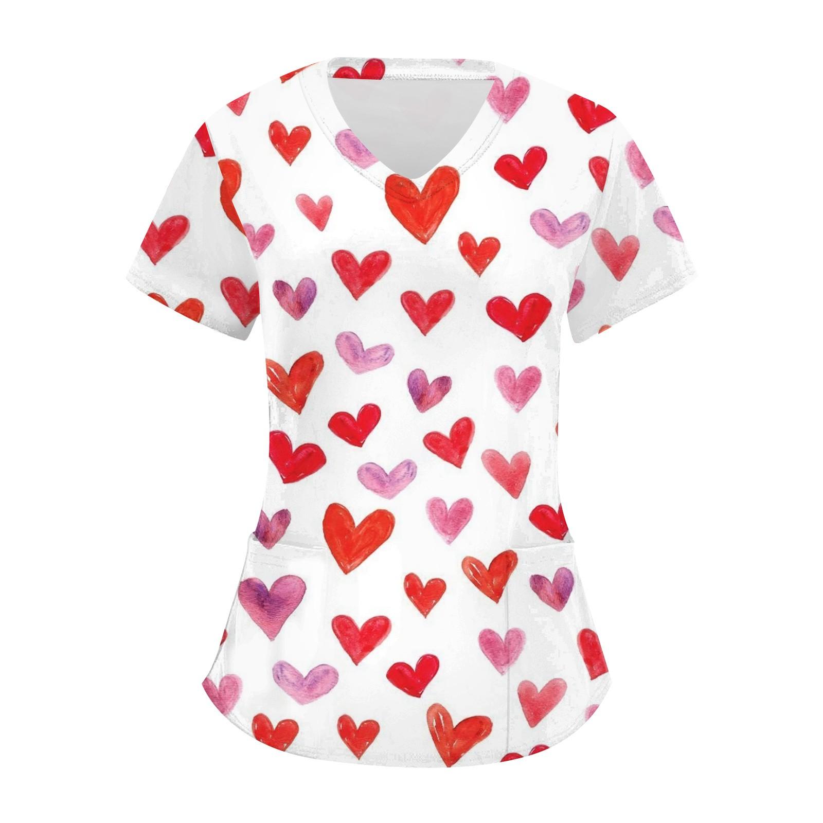 

Жіноча робоча блуза з кишенями з короткими рукавами та V-подібним вирізом із принтом до Дня Святого Валентина XL білий