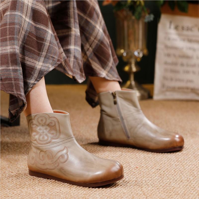 Johnature Genuine Leather Retro Flat Short Boots Side Zipper Soft Cowhide Versatile Women's Shoes