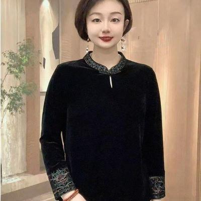 Sametový Qipao top s dlouhým rukávem pro středněvěké a starší matky - Podzimní/Zimní módní základní vrstva