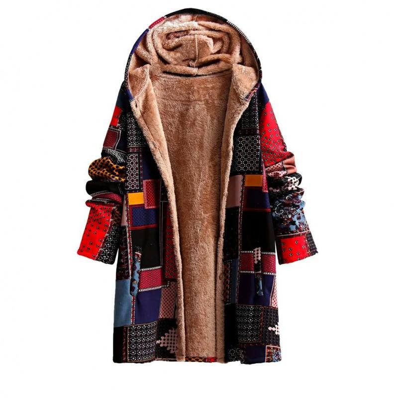 Womens Oversized Hooded Cotton-Padded Coat Winter Ethnic Style Loose Fit Warm Outerwear