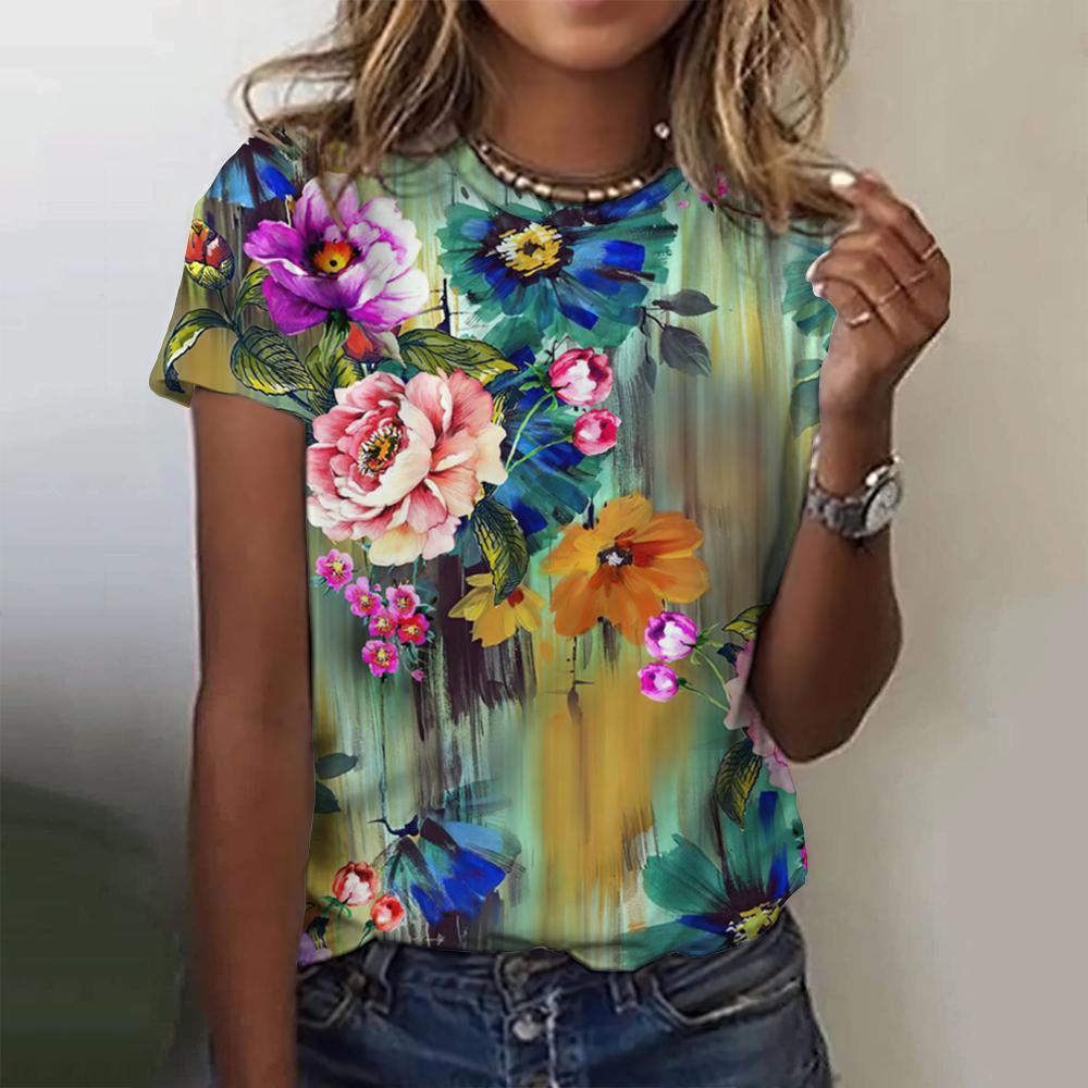 Harajuku 3D Printed Flower Butterfly T-shirt Flower T-shirt Women s Fashion Short Sleeve T-shirt Girls  Clothing 5XL