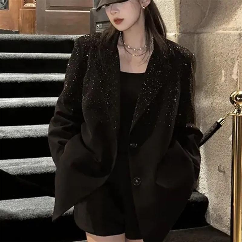 Φθινοπωρινό και Χειμερινό Γυναικείο Κοστούμι με Γιακά, Στρας, Λαμπερά Κουμπιά, Μακρυμάνικη Άνετη Εφαρμογή, Λεπτή Μπλούζα