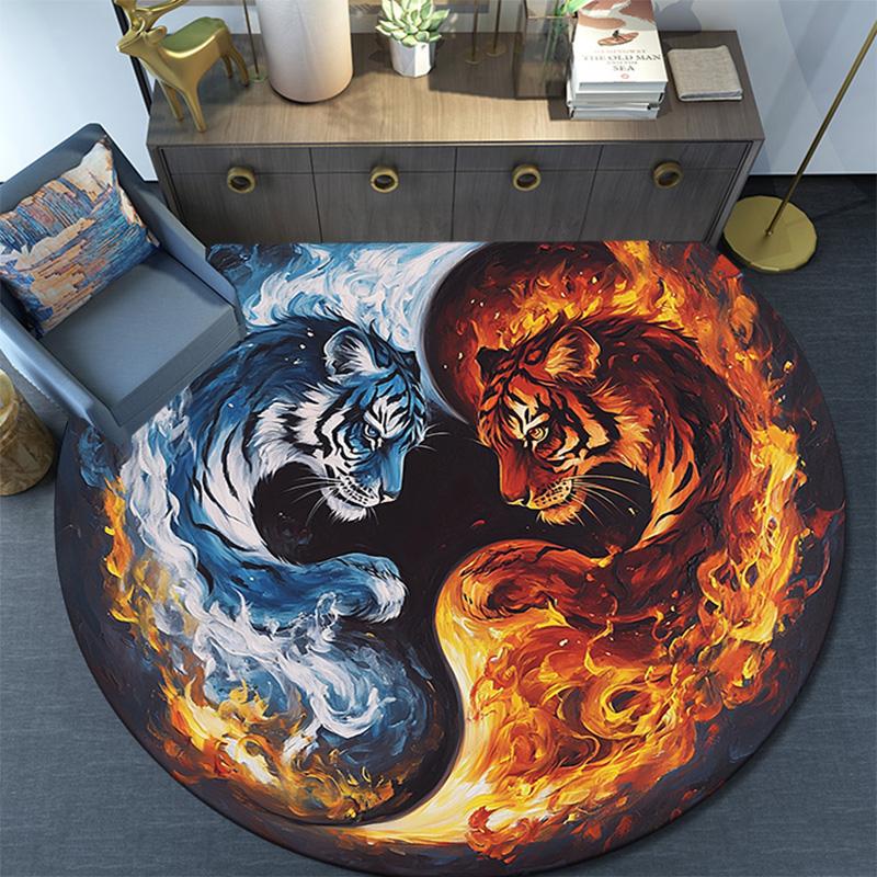 Yin Yang Tiger Round Area Rug,Carpet Rug for Living Room Bedroom Sofa Playroom Decor,Non-slip Floor Mat