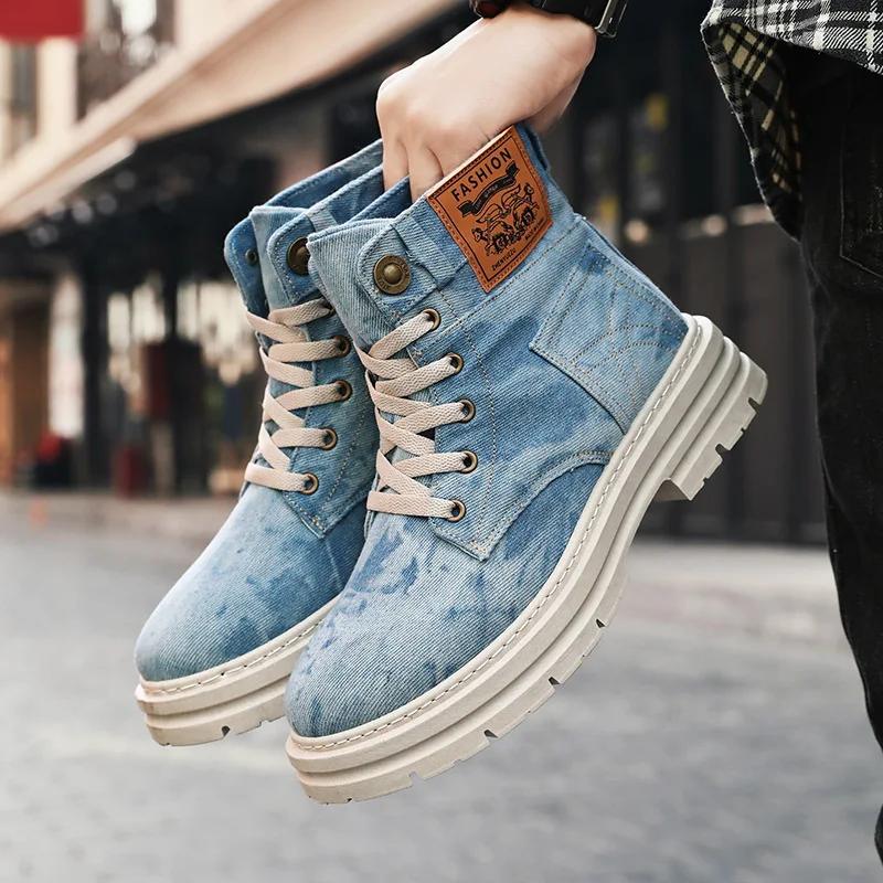 Men's Shoes Style Height Increase Breathable Mid Top Shoe Fashion Denim Casual Versatile Workwear Shoes Casual Boots Shoes