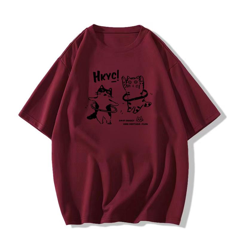 Damski bawełniany T-shirt z krótkim rękawem w retro wzór z kotkiem, kolekcja lato 2025