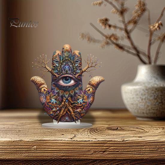 Ornement Art Acrylique Imperméable Main de Fatima, Ornement Hamsa Plat 2D avec Base Décorative Esthétique Ambiance Café, Pièce Maîtresse Exotique Mystérieuse