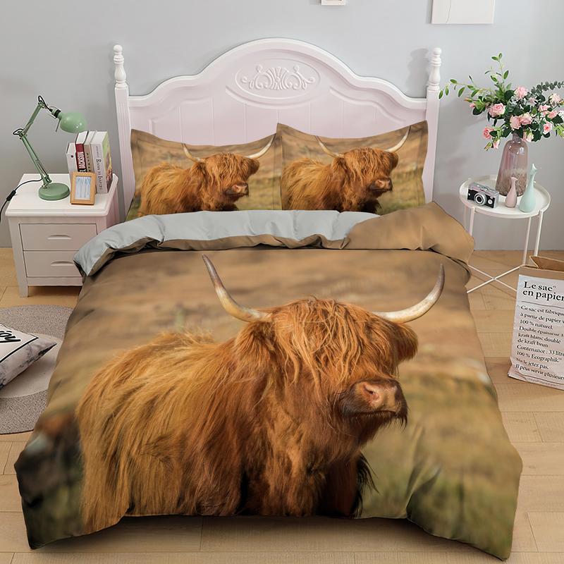 Highland Cattle Duvet Cover Set Flower Pattern Farm Animals Polyester Comforter Cover King Queen Size For Adult Men Bedding Set