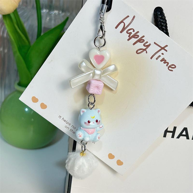 Y2K Cartoon Cat Plush Ball Beaded Mobile Phone Chain Cute Sweet Bow Kitten Phone Lanyard Keychain For Girls Camera Pendant