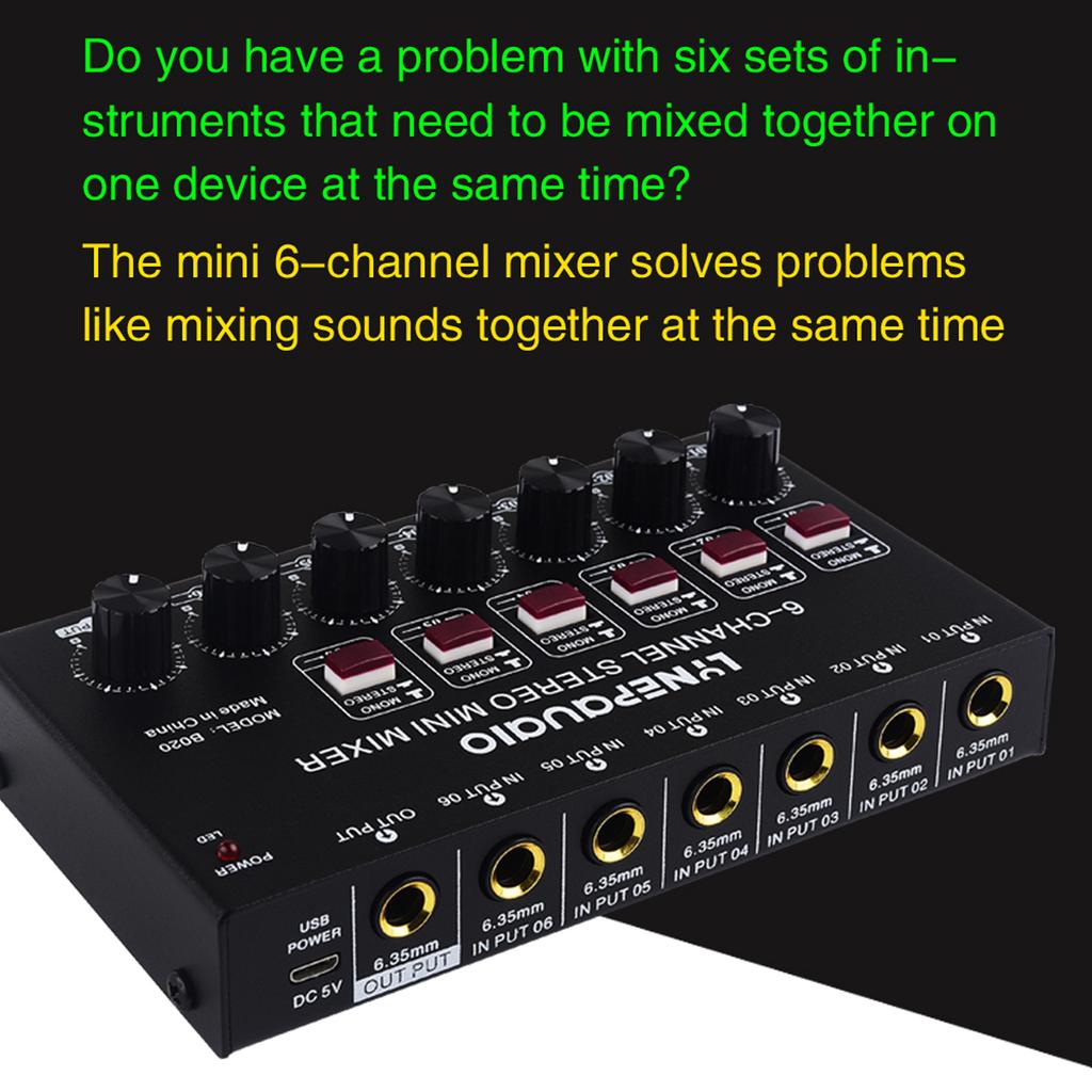 Mini 6-Channel Stereo Audio Mixer Musical Instrument Mixer Electric Wind/Electric Guitar/Electronic