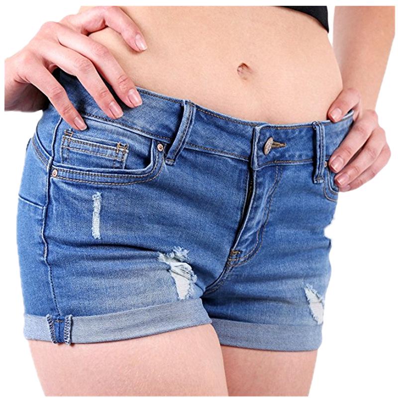 Trendy Ripped Rolled-Hem High-Waist Elastic Denim Shorts