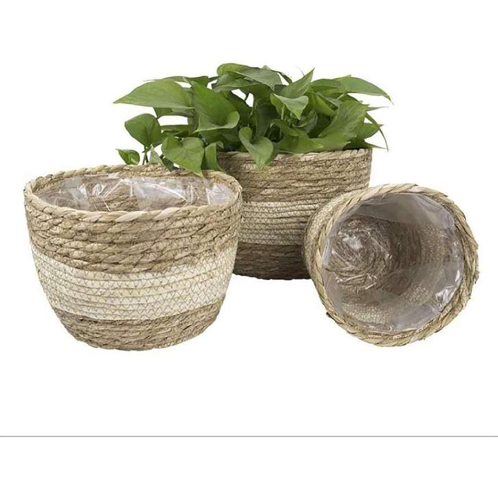 

Seagrass Basket Planters, Flower Pots Cover Storage Basket Plant Containers Hand Woven Basket Planter with Plastic Liners Straw Flower Pot for In/Out