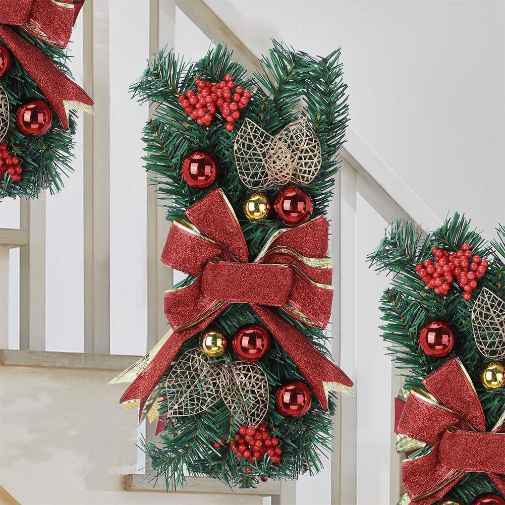Christmas Artificial Stairs Decoration Pine/Bow LED Light Up Artificial Garland Stair Wreath PVC for Front Door Wall