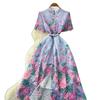 French design sense retro lace print dress women's hollow high waist waist A word long dress elegant temperament