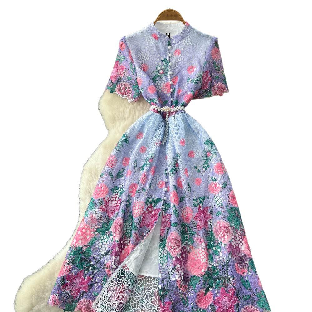 French design sense retro lace print dress women's hollow high waist waist A word long dress elegant temperament