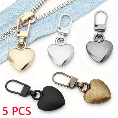 5pcs Detachable Metal Zippers Puller Diy Sewing Heart Shape Zipper Slider Head Bags Coat Zipper Pull Tab Repair Kits Accessories