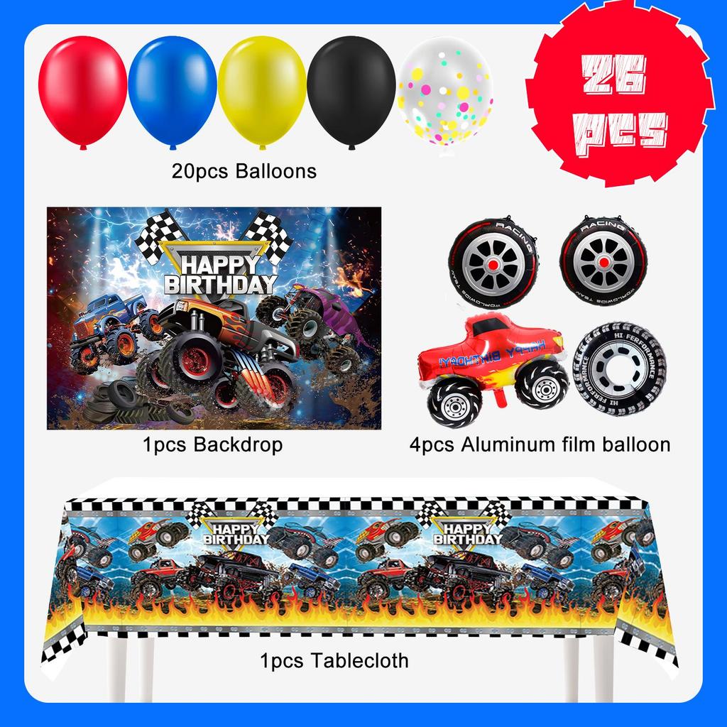 Big Tire Monster Truck Birthday Decorations, Party Balloons Happy Birthday Decorations Party Tablecloths and Other Birthday Decorations