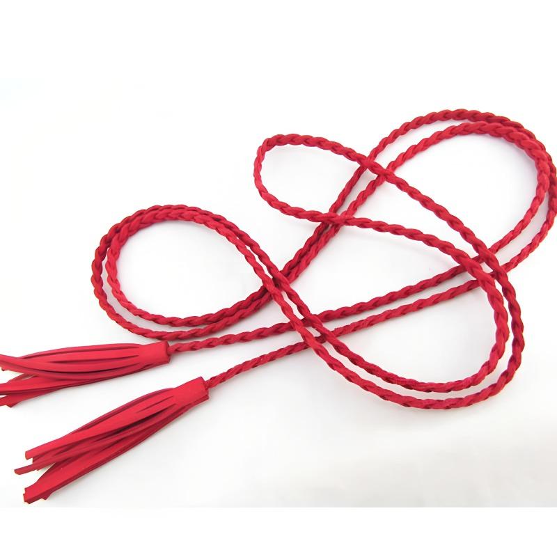 

Кожаный дизайнерский пояс с оплеткой и кисточкой красный