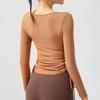 Autumn new tight yoga clothes top high-end sense with chest pad fitness long-sleeved women's drawstring pleated sports T-shirt