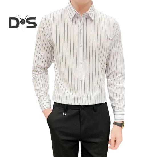 

Мужская рубашка в полоску с однобортным отложным воротником и длинными рукавами, официальная рубашка в деловом стиле для офиса, топ средней длины для свиданий M белый