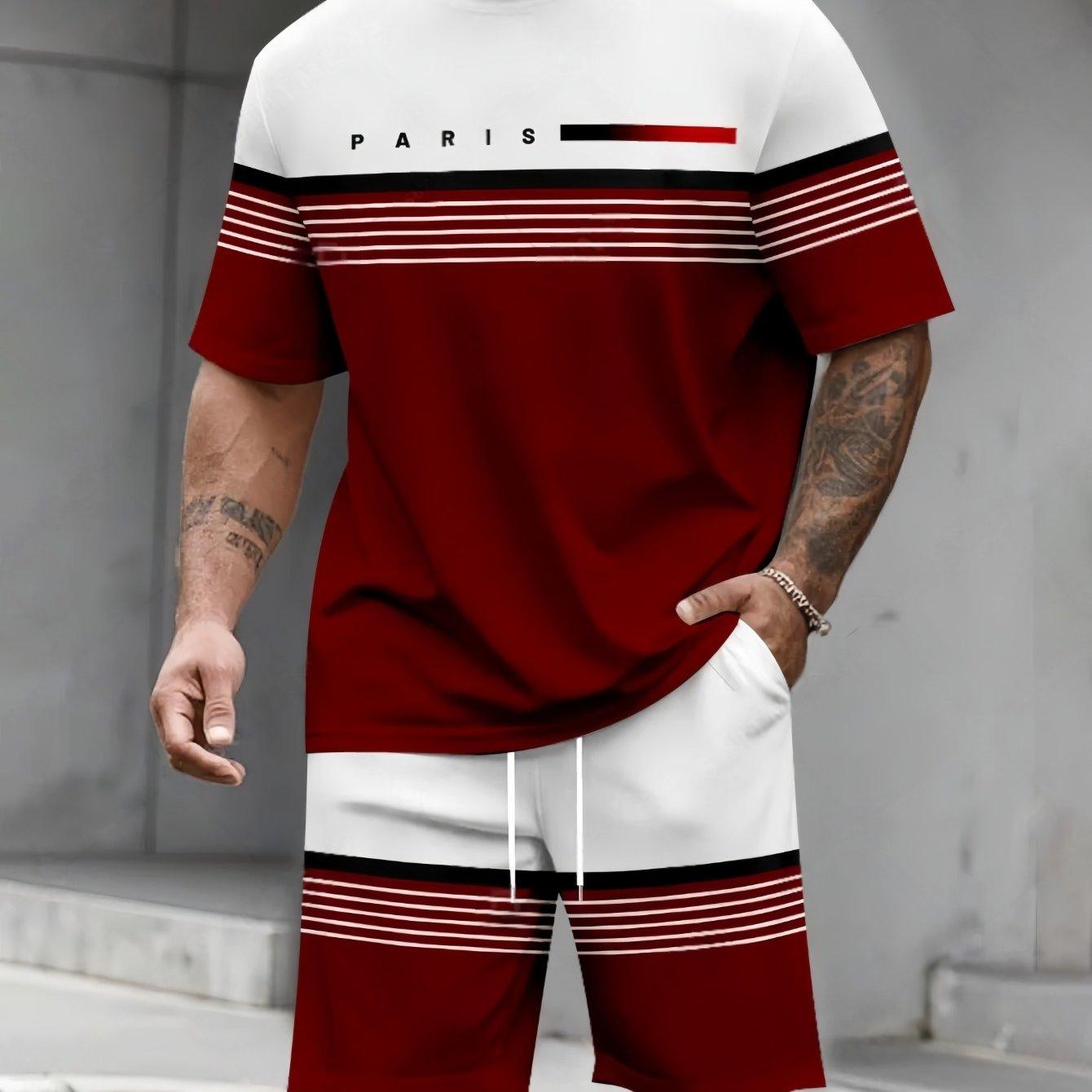 Men s Retro Sports Suit with Contrasting Colors, Consisting of a Crew Neck T-shirt and Shorts, Inspired by French Urban Summer Style S