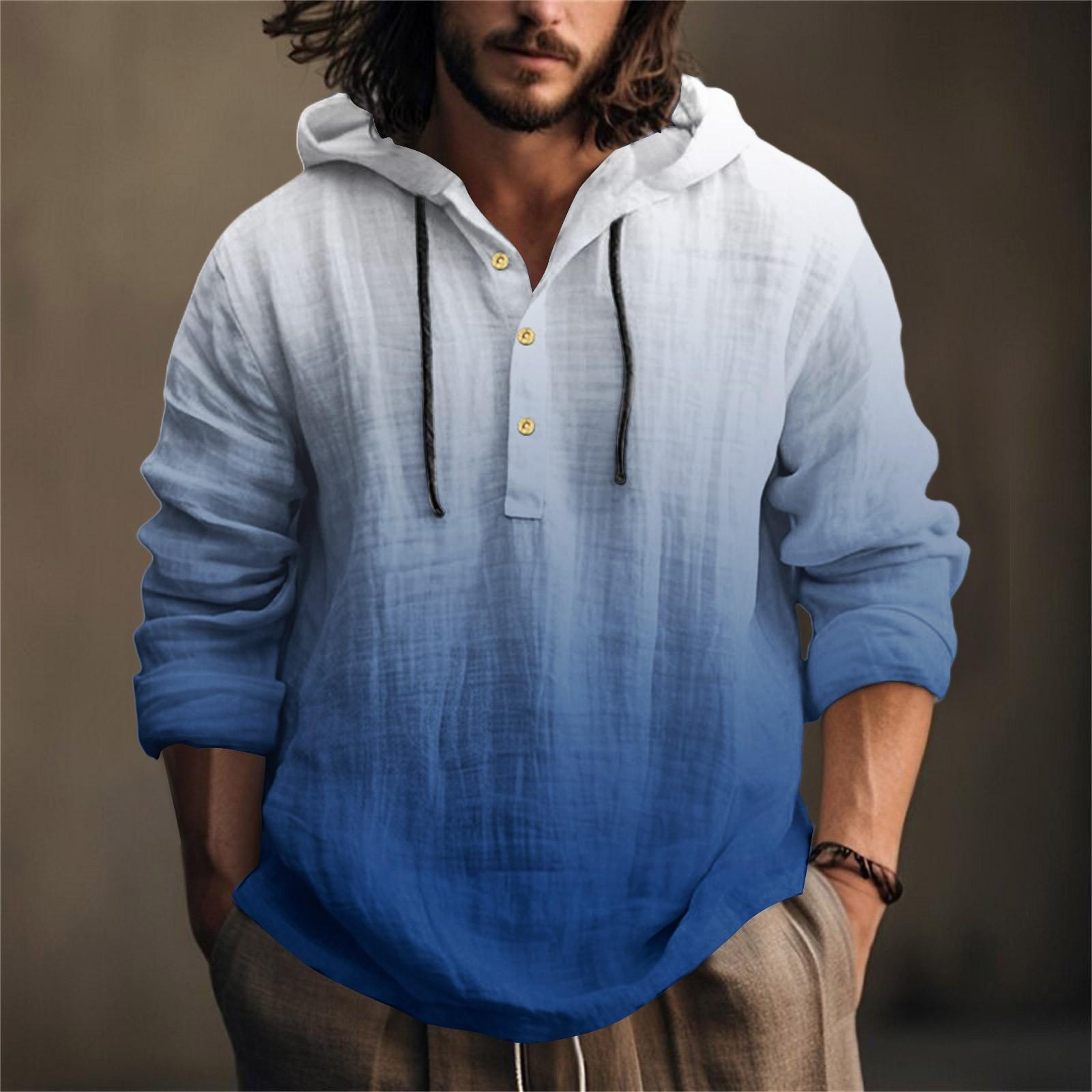 

Мужская рубашка с принтом из хлопка и льна с капюшоном, с длинными рукавами, повседневная одежда для весны и лета S синий