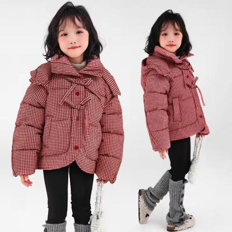 Checkered Retro Down Jacket Girls Fashionable Casual Cotton Coat Little Girl