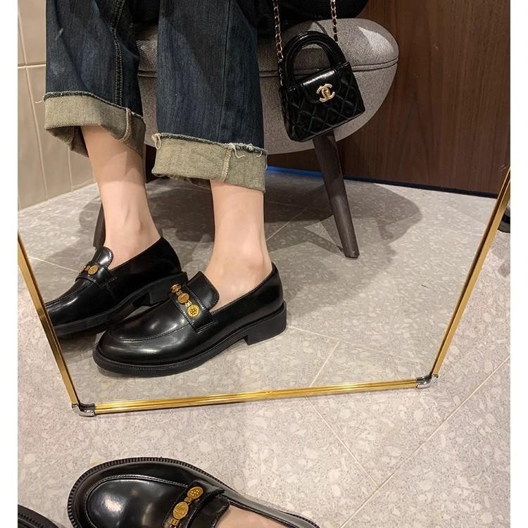 Grape mother with the same round head small gold coin classic lazy one-pedal loafer single shoes temperament versatile thick heel small leather shoes