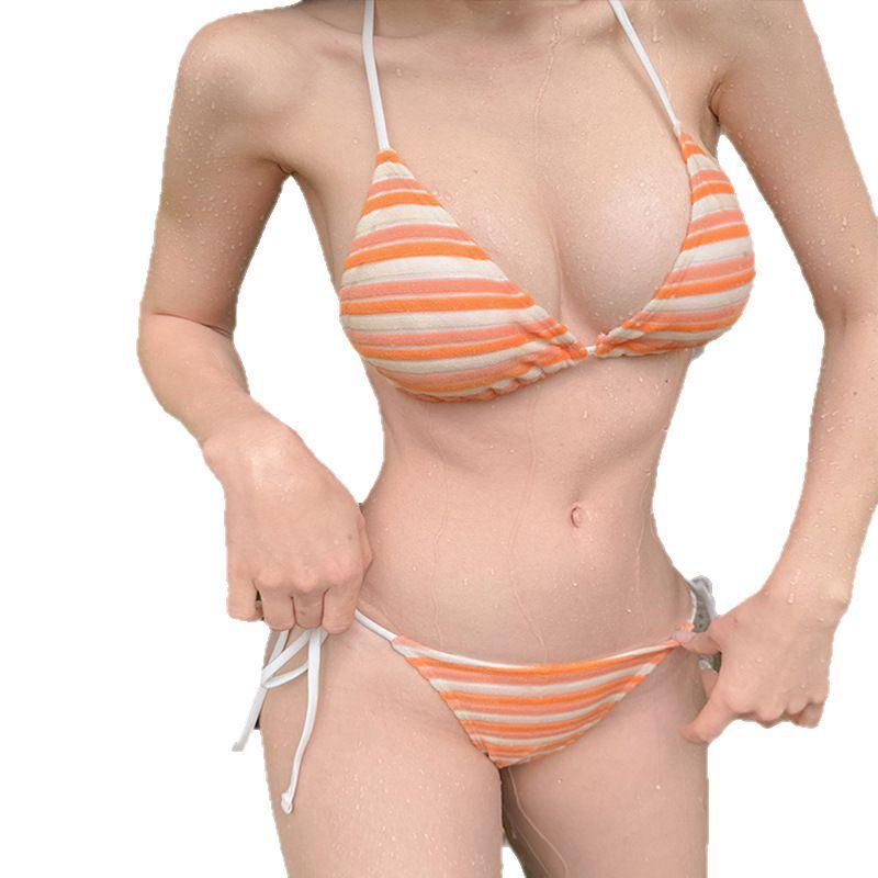 Thai niche hottie, sexy vintage striped swimsuit female split pure lust wind bath bikini bikini