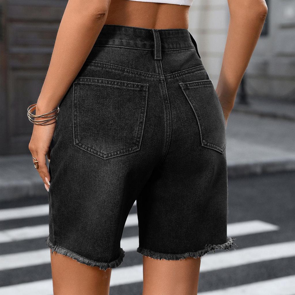 Women High Waist Denim Shorts with Raw Hem Five Pocket Design Zipper Fly Casual Relaxed Fit Jean Shorts for Everyday Wear