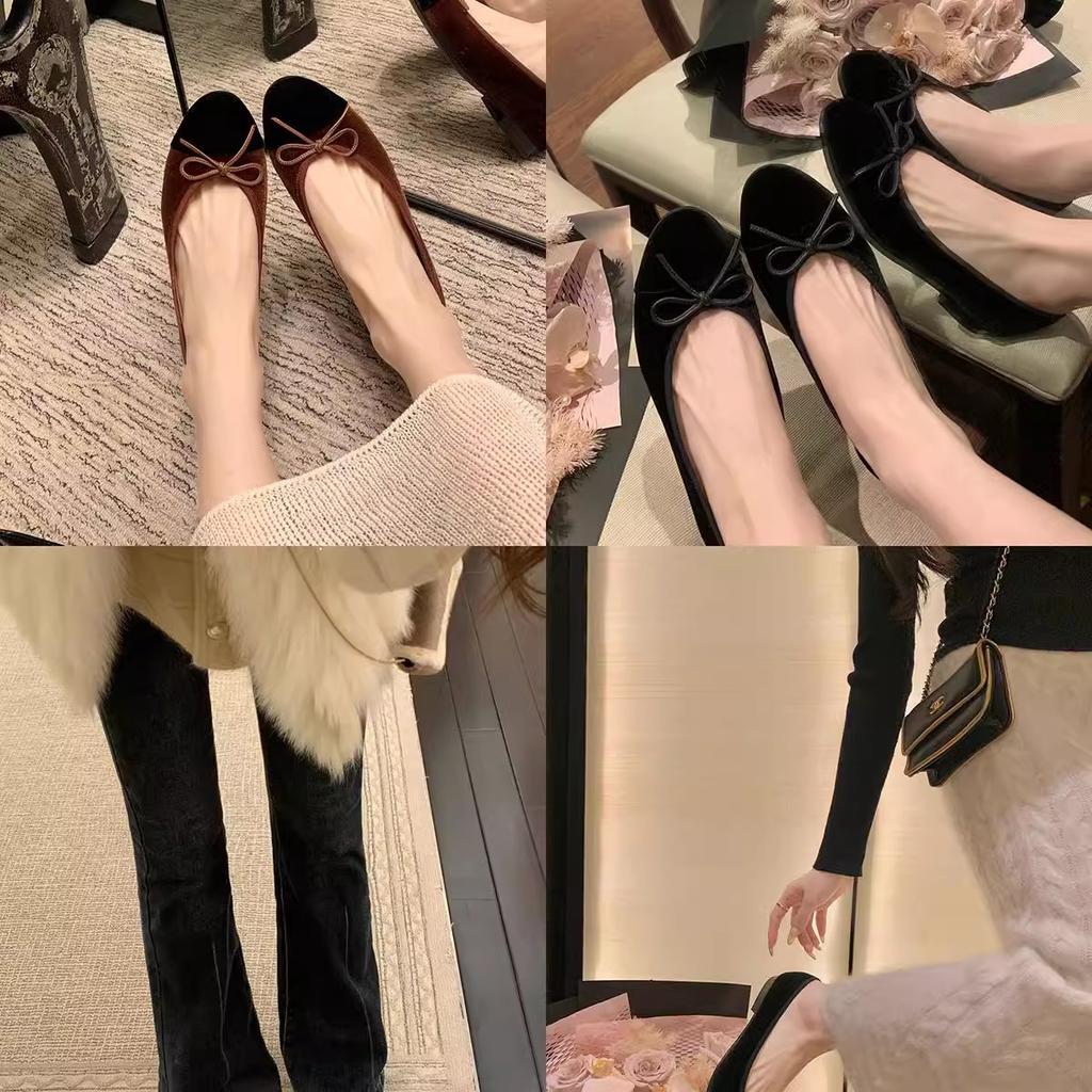 Schafslederversion~ Echtes Leder klassische spitze runde Zehe Schleife Samt Tweed leichte Mündung Einzelne Schuhe Damen