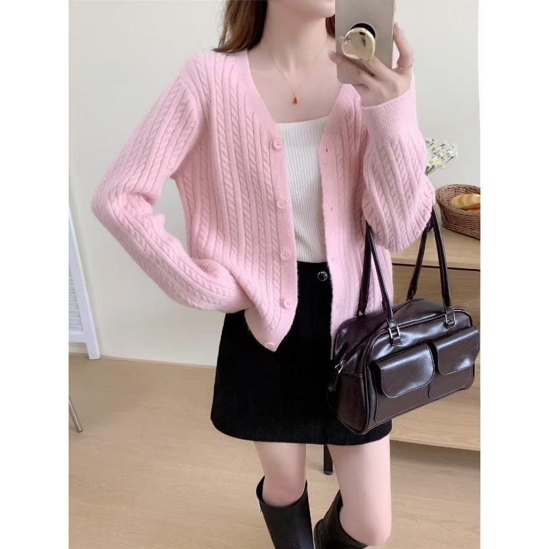 

Autumn collar knitted cardigan women s retro twisted solid color top commuting wear soft waxy twist sweater women s coat average size