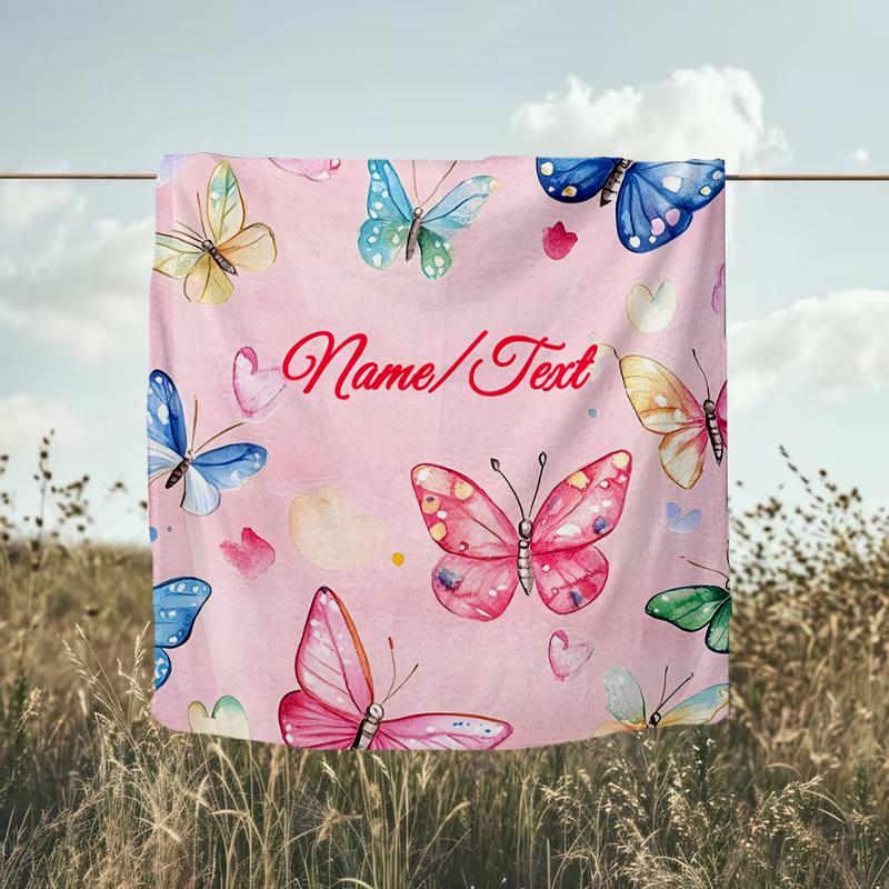 1PC Custom Name Butterfly Dreams Pink Background outdooor Flannel blankets Throw Blanket All-Season Throw Gift Bedspread for Couch, Bed, Camping Holid