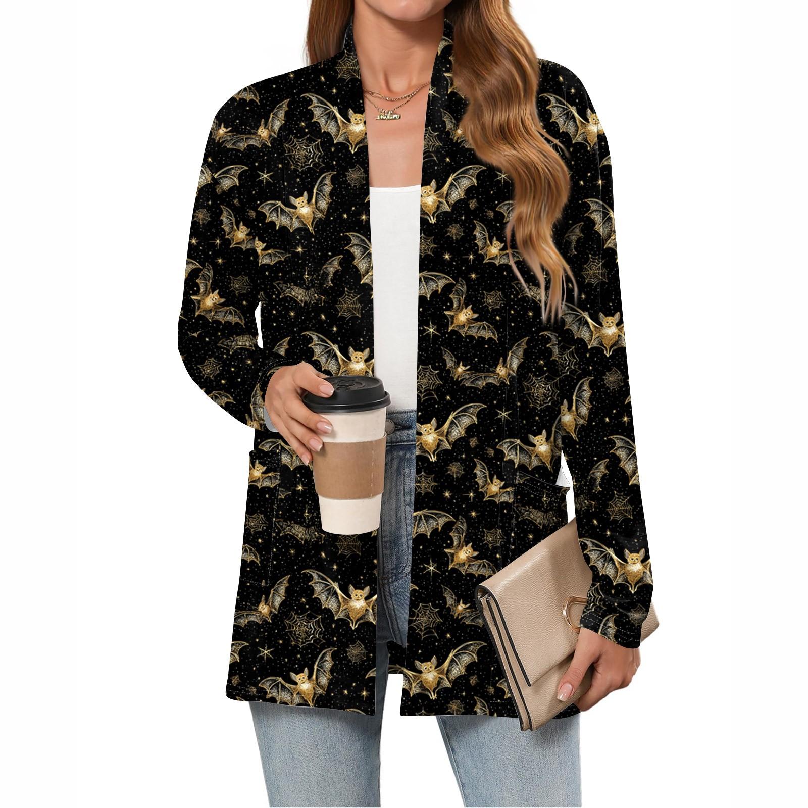 

Women s Halloween Printed Lightweight Cardigan Long Sleeved Casual Loose Thin Fit With Pocket Cardigan L чёрный